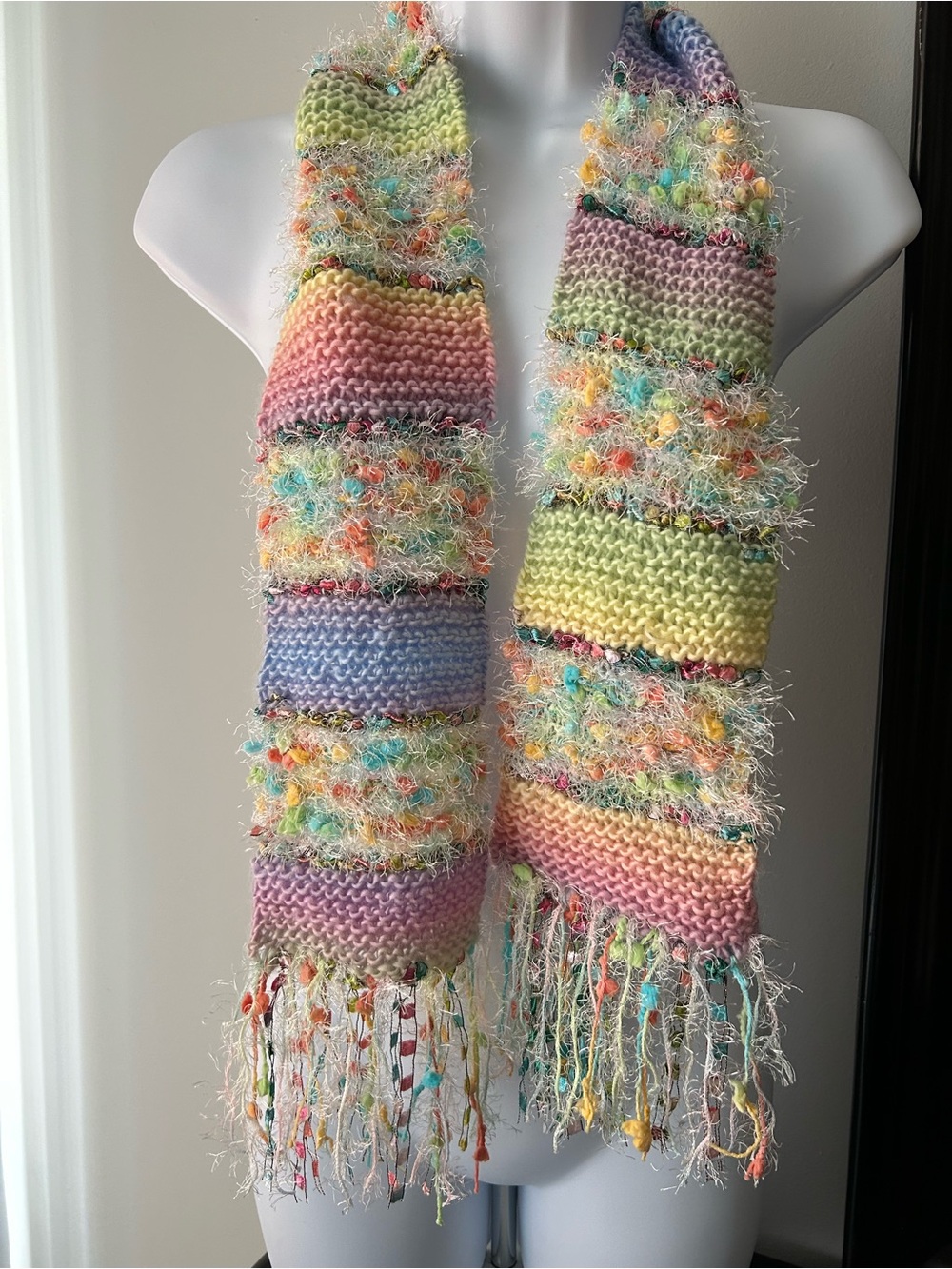 Hand Crafted Multicolor Pastel Bouclé Fringe Scarf - Picture 2 of 2